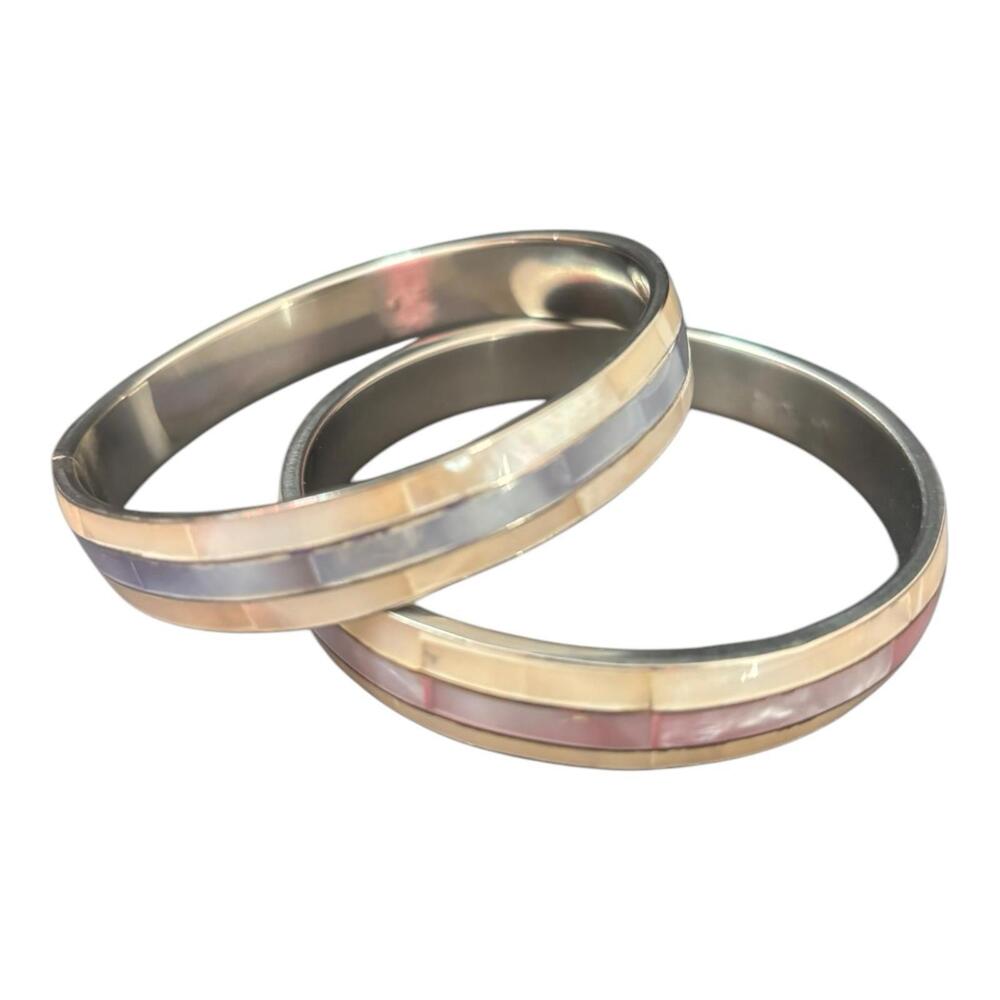 2 Bangles with Mother of Pearl Shell Inlay on Silver Vintage Pieces Boho Fashion